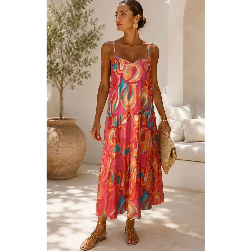 Gigi Moda Made in Italy 100% Colorful Abstract Tiered Maxi Dress Sz Sm/Med Flowy